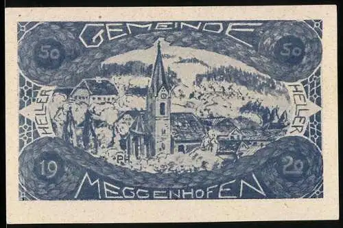 Notgeld Meggenhofen 1920, 50 Heller, Landschaft mit Kirche und Gebäuden, Text und Seriennummer