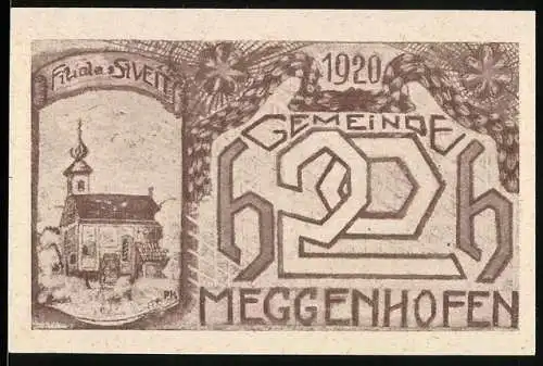 Notgeld Meggenhofen 1920, Kirche und Schriftzug-Gutschein, braune Tinte