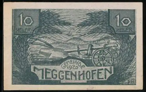 Notgeld Meggenhofen 1920, 10 Heller, Landschaft mit Pflug und Wagenrad