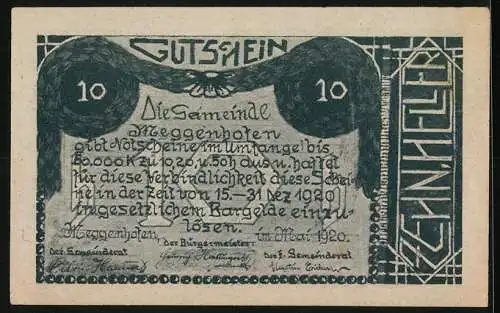 Notgeld Meggenhofen 1920, 10 Heller, Landschaft mit Pflug und Wagenrad