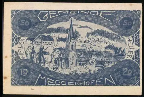 Notgeld Meggenhofen 1920, 50 Heller, Dorflandschaft mit Kirche