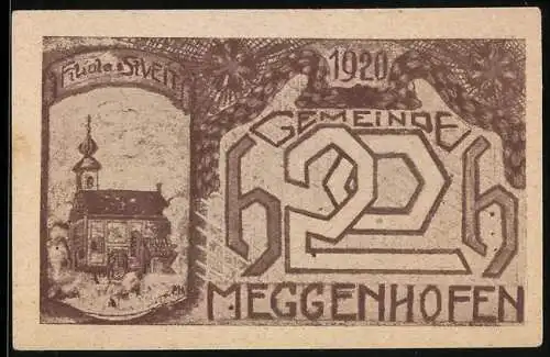 Notgeld Meggenhofen 1920, 20 Heller, Kirche und Schriftzug