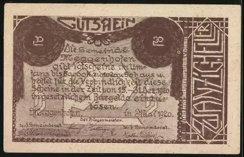 Notgeld Meggenhofen 1920, 20 Heller, Kirche und Schriftzug