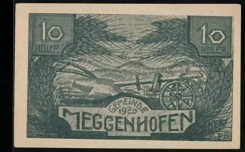 Notgeld Meggenhofen 1920, 10 Heller, Landschaft mit Pflug und Wagenrad