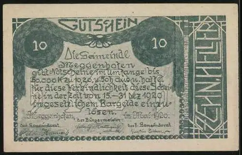 Notgeld Meggenhofen 1920, 10 Heller, Landschaft mit Pflug und Wagenrad