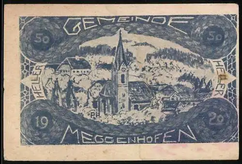 Notgeld Meggenhofen 1920, 50 Heller, Dorflandschaft mit Kirche