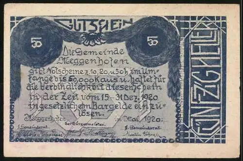 Notgeld Meggenhofen 1920, 50 Heller, Dorflandschaft mit Kirche