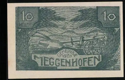 Notgeld Meggenhofen 1920, 10 Heller, Pflug und Rad-Motiv mit Landschaftsszene