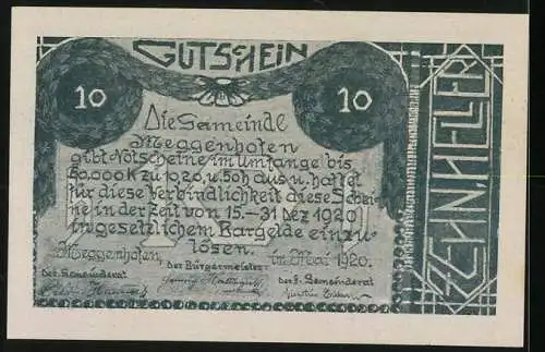 Notgeld Meggenhofen 1920, 10 Heller, Pflug und Rad-Motiv mit Landschaftsszene