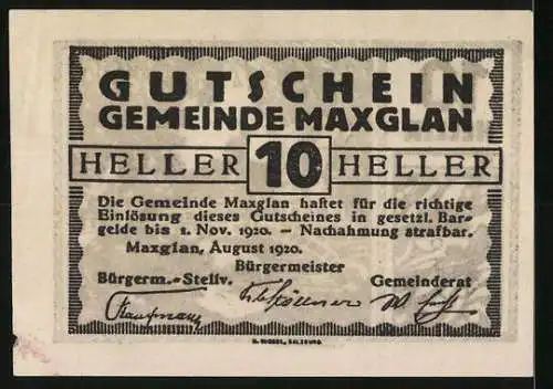 Notgeld Maxglan 1920, 10 Heller, Brücke mit Gebäuden und Fluss, dekoratives Muster, Signaturen