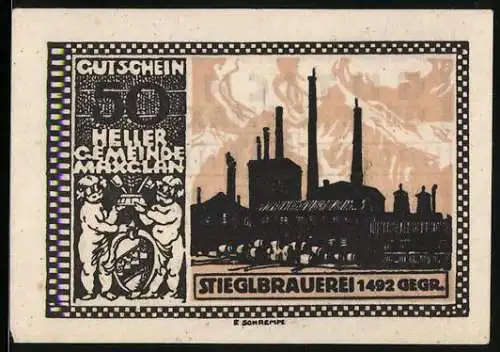 Notgeld Maxglan 1920, 50 Heller, Stieglbrauerei und Wappen mit Putten