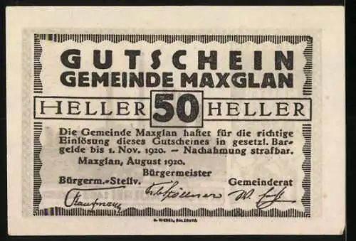 Notgeld Maxglan 1920, 50 Heller, Stieglbrauerei und Wappen mit Putten