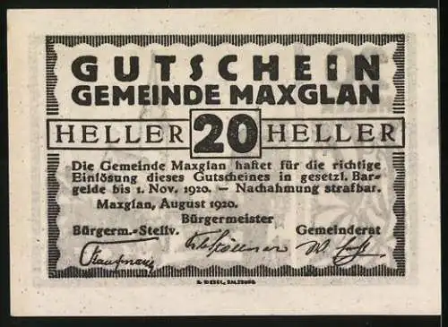 Notgeld Maxglan 1920, 20 Heller, Dorfansicht mit Kirche und dekorativem Muster