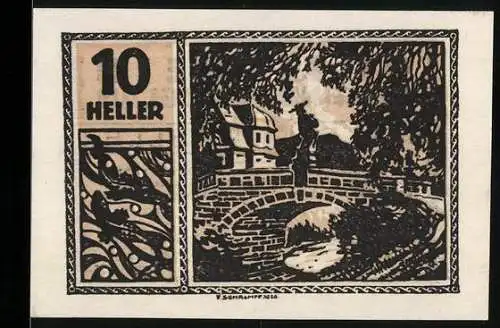 Notgeld Maxglan 1920, 10 Heller, malerische Brücke und Gebäude im Wald