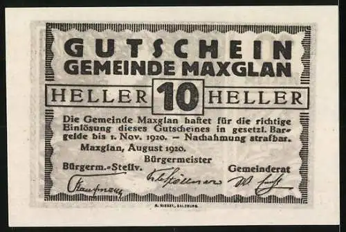 Notgeld Maxglan 1920, 10 Heller, malerische Brücke und Gebäude im Wald