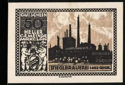 Notgeld Maxglan 1920, 50 Heller, Stieglbrauerei-Ansicht mit Wappen und Putten