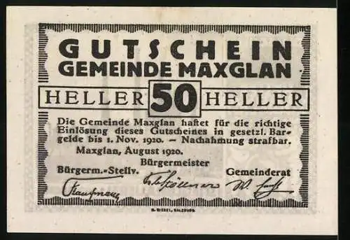 Notgeld Maxglan 1920, 50 Heller, Stieglbrauerei-Ansicht mit Wappen und Putten