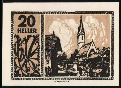 Notgeld Maxglan 1920, 20 Heller, Dorfansicht mit Kirche und dekorativem Muster