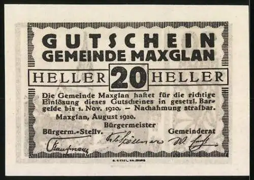 Notgeld Maxglan 1920, 20 Heller, Dorfansicht mit Kirche und dekorativem Muster