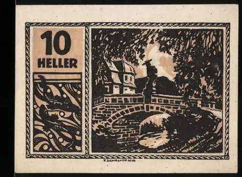 Notgeld Maxglan 1920, 10 Heller, Ansicht einer Brücke mit Gebäude und Baum im Hintergrund