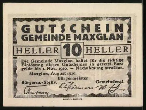 Notgeld Maxglan 1920, 10 Heller, Ansicht einer Brücke mit Gebäude und Baum im Hintergrund