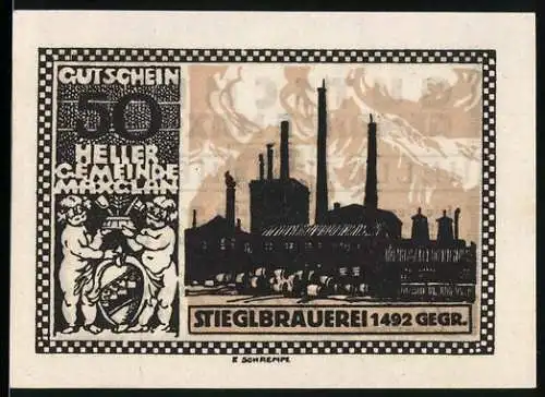 Notgeld Maxglan 1920, 50 Heller, Stieglbrauerei und Putten mit Wappen