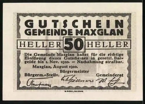 Notgeld Maxglan 1920, 50 Heller, Stieglbrauerei und Putten mit Wappen