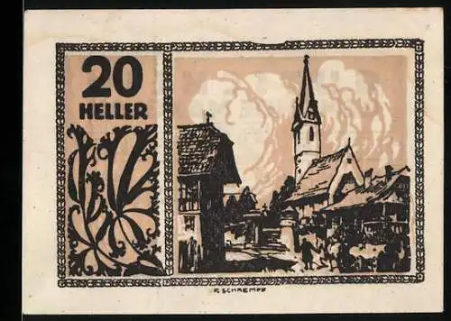 Notgeld Maxglan 1920, 20 Heller, Dorfszene mit Kirche und Häusern