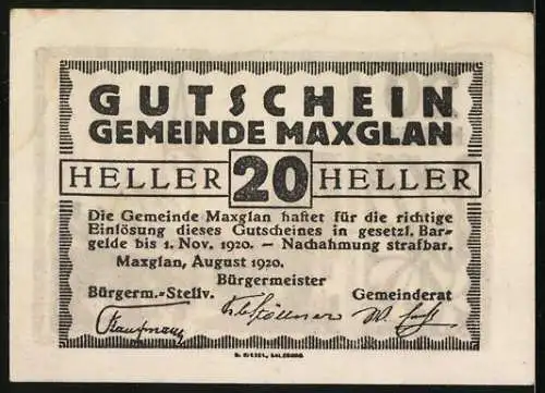 Notgeld Maxglan 1920, 20 Heller, Dorfszene mit Kirche und Häusern