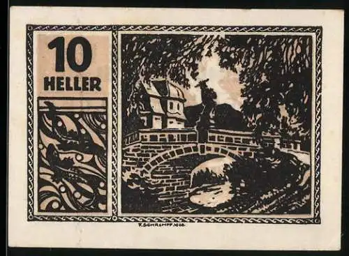 Notgeld Maxglan 1920, 10 Heller, Brücke mit Reiter und Gebäude, Gutschein der Gemeinde Maxglan