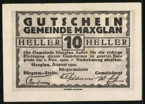 Notgeld Maxglan 1920, 10 Heller, Brücke mit Reiter und Gebäude, Gutschein der Gemeinde Maxglan