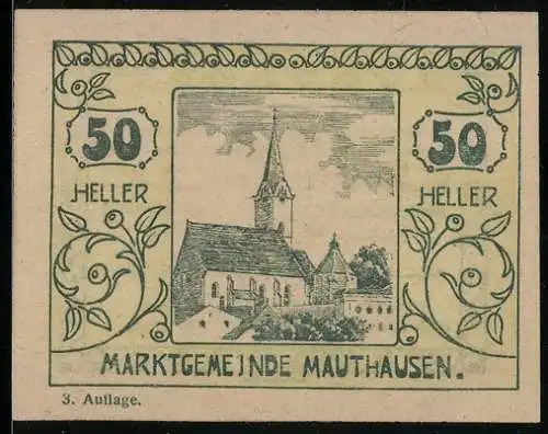 Notgeld Mauthausen, 50 Heller, Kirche und Wappen, 3. Auflage