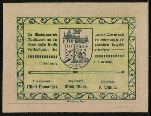 Notgeld Mauthausen, 50 Heller, Kirche und Wappen, 3. Auflage