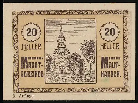 Notgeld Mauthausen, 20 Heller, Kirche und Wappen der Marktgemeinde Mauthausen, 3. Auflage