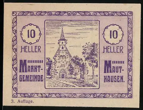 Notgeld Mauthausen, 10 Heller, Kirche und Wappen der Marktgemeinde Mauthausen, 3. Auflage