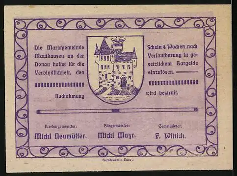 Notgeld Mauthausen, 10 Heller, Kirche und Wappen der Marktgemeinde Mauthausen, 3. Auflage