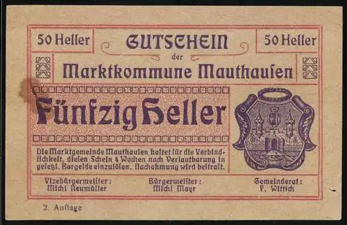 Notgeld Mauthausen 1918, 50 Heller, Wappen und Kriegsgefangene aus dem Lager 1914-1918