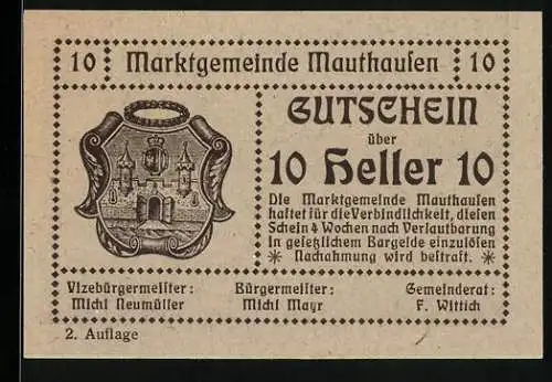 Notgeld Mauthausen 1918, 10 Heller, Wappen und Kriegsgefangene aus dem Lager 1914-1918