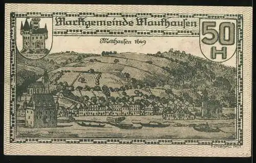 Notgeld Mauthausen, 50 Heller, Stadtansicht 1649, gotische Schrift, Wappen