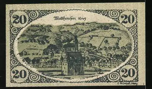 Notgeld Mauthausen, 20 Heller, historische Stadtansicht von 1649