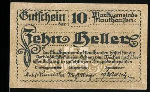 Notgeld Mauthausen, 10 Heller, Stadtansicht 1649, Ornamentrahmen, Unterschriften