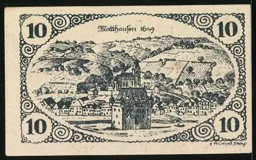 Notgeld Mauthausen, 10 Heller, Stadtansicht 1649, Ornamentrahmen, Unterschriften