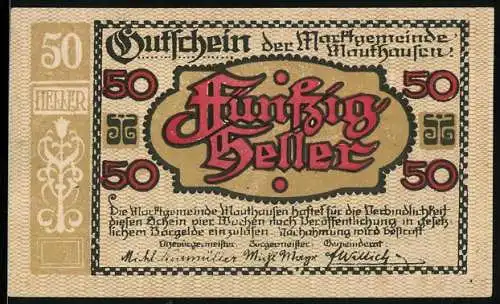 Notgeld Mauthausen, 50 Heller, Stadtansicht von 1649, Wappen und dekoratives Muster