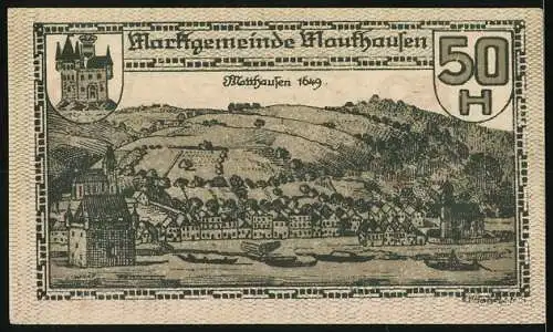 Notgeld Mauthausen, 50 Heller, Stadtansicht von 1649, Wappen und dekoratives Muster