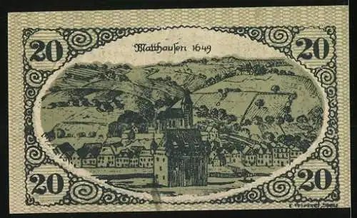 Notgeld Mauthausen, 20 Heller, Stadtansicht 1649 mit Landschaftshintergrund