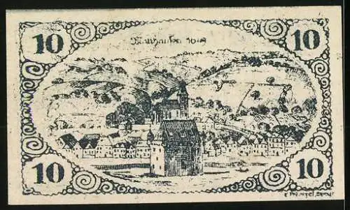 Notgeld Mauthausen, 10 Heller, Stadtansicht mit Kirche und Hügeln im Hintergrund