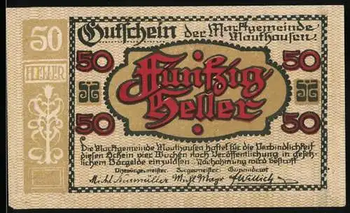 Notgeld Mauthausen, 50 Heller, Stadtszene von Mauthausen 1649, Wappen und dekorative Elemente