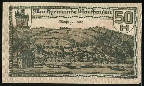 Notgeld Mauthausen, 50 Heller, Stadtszene von Mauthausen 1649, Wappen und dekorative Elemente