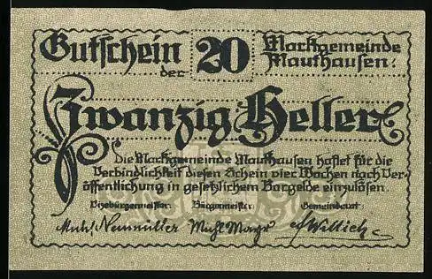 Notgeld Mauthausen, 20 Heller, historische Stadtansicht von 1649, dekorativer Rahmen