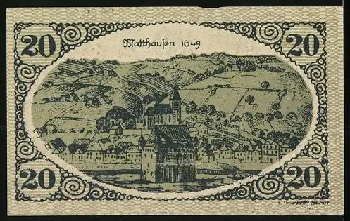 Notgeld Mauthausen, 20 Heller, historische Stadtansicht von 1649, dekorativer Rahmen
